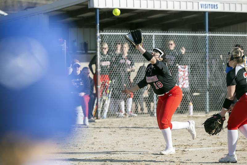 Forreston’s Aspen Niesman comes on to catch a pop fly Monday, March 11, 2024 against Newman.