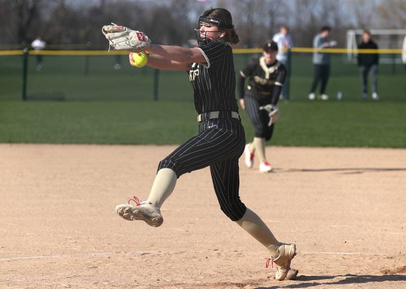 Sycamore's Addison Dierschow delivers a pitch Friday, April 11, 2025, during their game against Marengo at Sycamore High School.