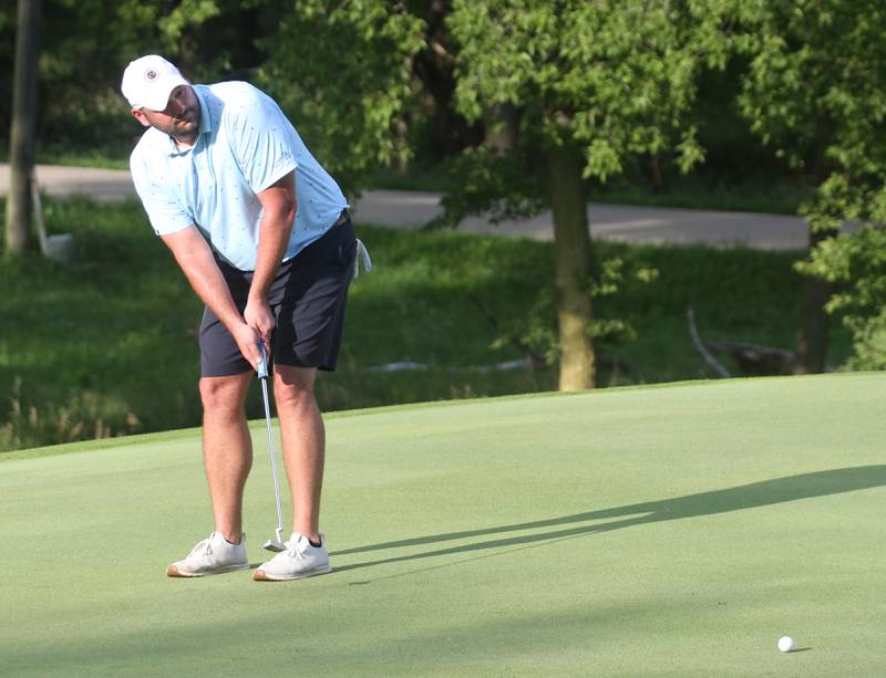 Brandon Urbance puts during the Illinois Valley Mens Golf Championship Tournament on Sunday, July 27, 2025 at Spring Creek Golf Course in Spring Valley.