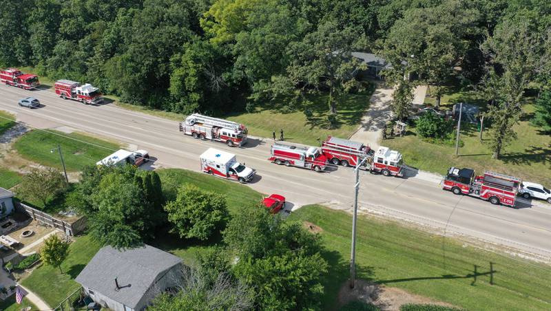 An aerial view of emergency personnel from Peru, Wallace, Tonica, Utica and La Salle work the scene of a structure fire in the 800 block of U.S. Route 6 on Tuesday, Aug. 26, 2025 near Utica. The incident happened shortly after 3p.m.