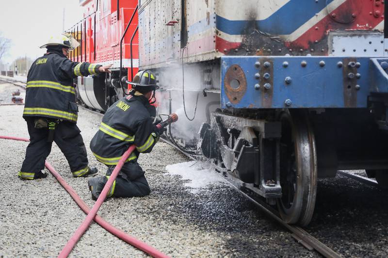 A railway locomotive caught fire at the Illinois Railway Museum on Monday, April 25, 2022. No injuries were reported and the fire was put out within 10 minutes.