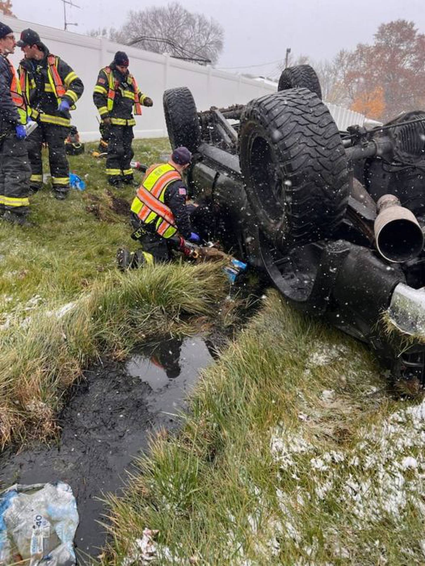A pickup truck flipped off the Briggs Street ramp Thursday morning.