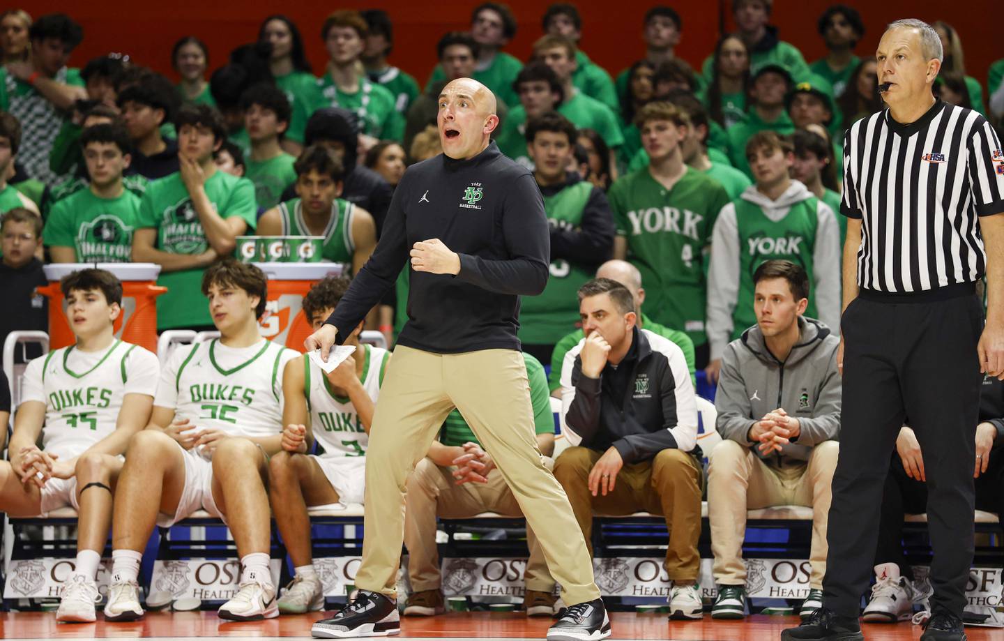 York head coach Mike Dunn reacts to a play during the IHSA Class 4A boys basketball state semifinal Friday, March 13, 2026 at the State Farm Center in Champaign.