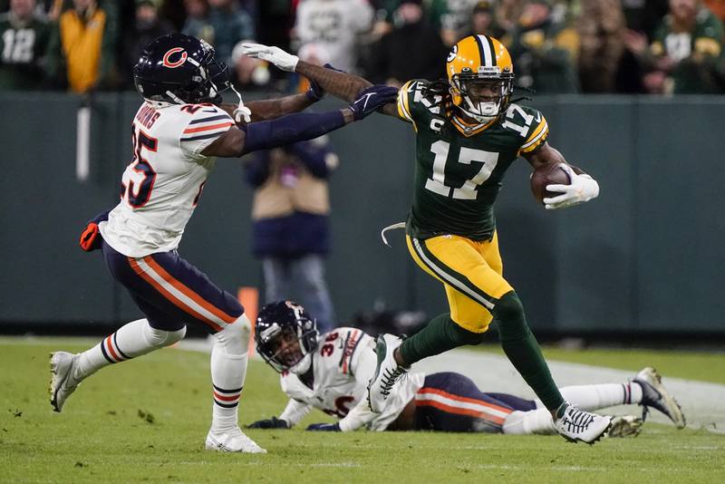 Green Bay Packers' Davante Adams tries to get past Chicago Bears' Artie Burns during the second half Sunday, Dec. 12, 2021, in Green Bay, Wis.