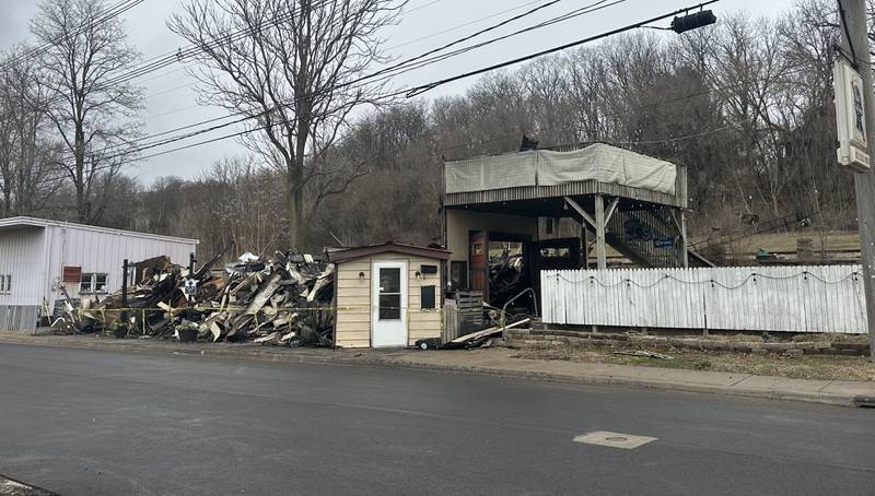 A view of the aftermath of the fire at the former Platform 31 tavern on Tuesday, March 25, 2025 on Water Street in Peru. The three-alarm fire started around 8:30a.m. on Monday. many fire departments from across the Illinois Valley region assisted in the blaze. The building is a total loss.