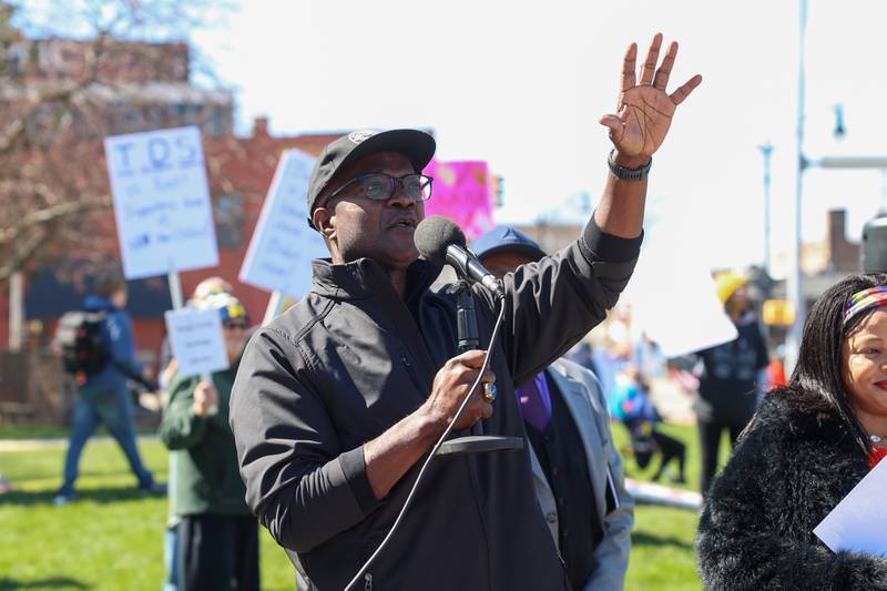 Former State Rep. Al Riley speaks during the No Kings rally at the Kankakee County Courthouse on March 28, 2026.