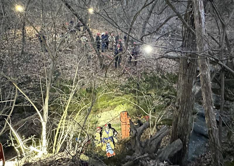 Firefighters lift a patient out of French Canyon who fell 20-30 feet on Tuesday, April 1, 2025 at Starved Rock State Park. A Mutual Aid Box Alarm System (MABAS) prompted rope and rescuers as far as Marseilles and Princeton.