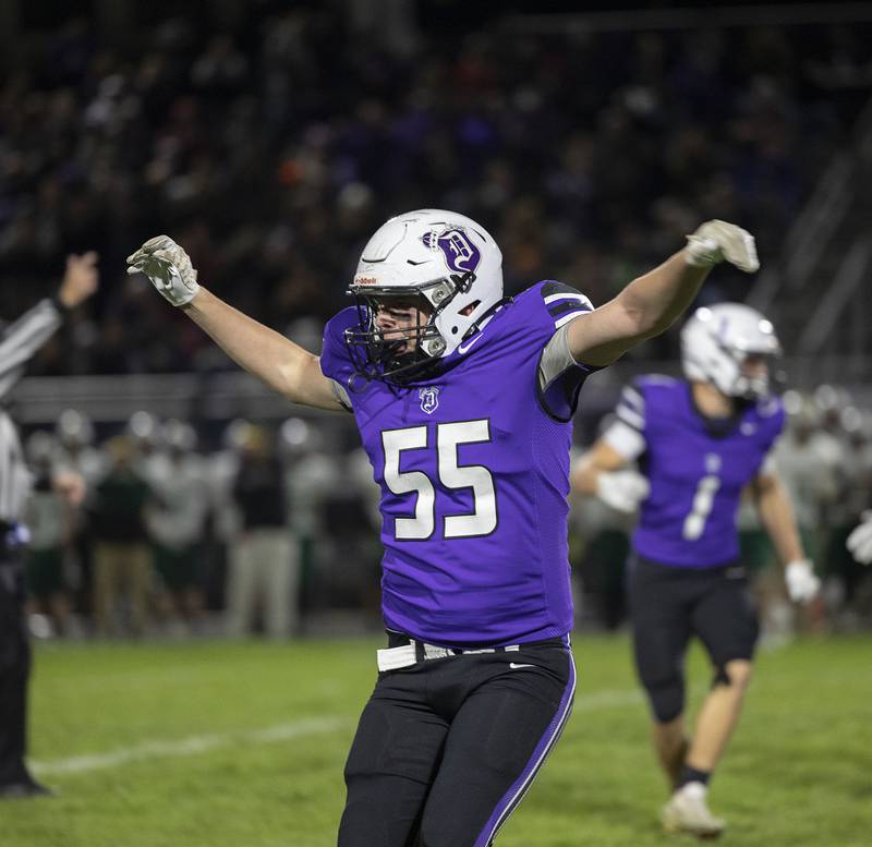 Dixon’s Blaine Eberhardt celebrates a recovered fumble for the Dukes against Coal City in round 2 of the Class 4A football playoffs Friday, Nov. 7, 2025.