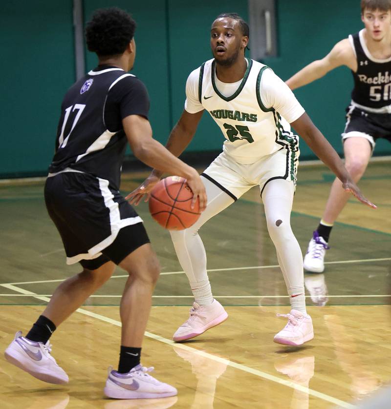 Kishwaukee College's Sean Ndorongo guards Rockford University's Julius Spann Thursday, Jan. 22, 2026, during their game at Kishwaukee College in Malta.