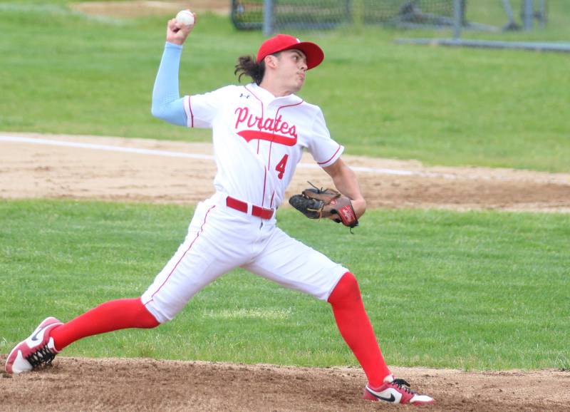 Ottawa starting pitcher Cam Loomis delivers a pitch to Streator on Tuesday, May 14, 2024 at Streator High School.