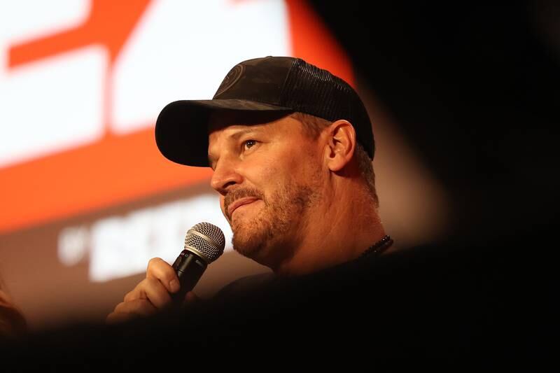 Actor David Boreanaz, who played Angel, from the TV series Buffy the Vampire Slayer speaks at the cast reunion panel at C2E2 Chicago Comic & Entertainment Expo on Saturday, April 1, 2023 at McCormick Place in Chicago.