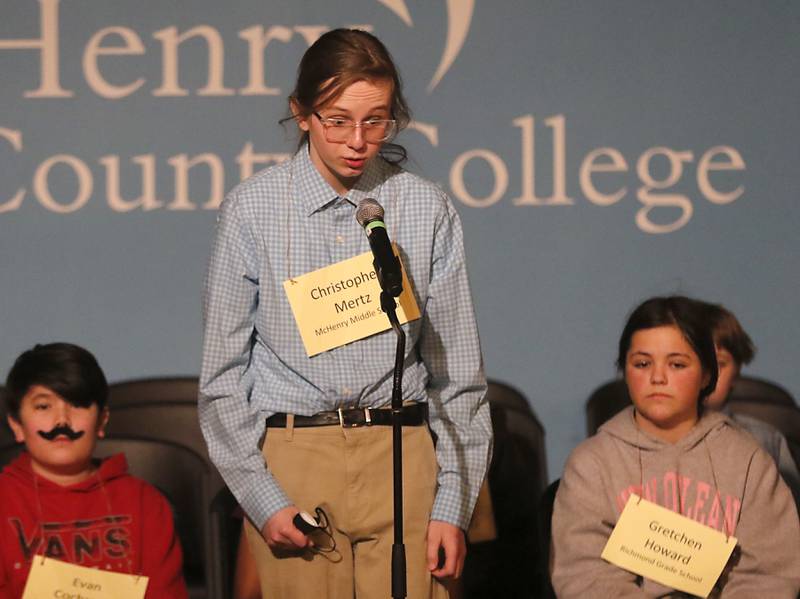 Christopher Mertz of McHenry Middle School competes in the McHenry County Regional Office of Education's 2023 spelling bee Wednesday, March 22, 2023, at McHenry County College's Luecht Auditorium in Crystal Lake.