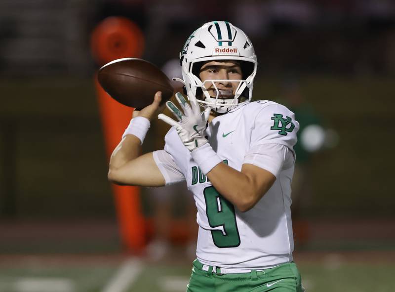 York's Dominic Aldano (9) passes during the varsity football game between York and Hinsdale Central on Friday, Oct. 3, 2025 in Hinsdale, IL.