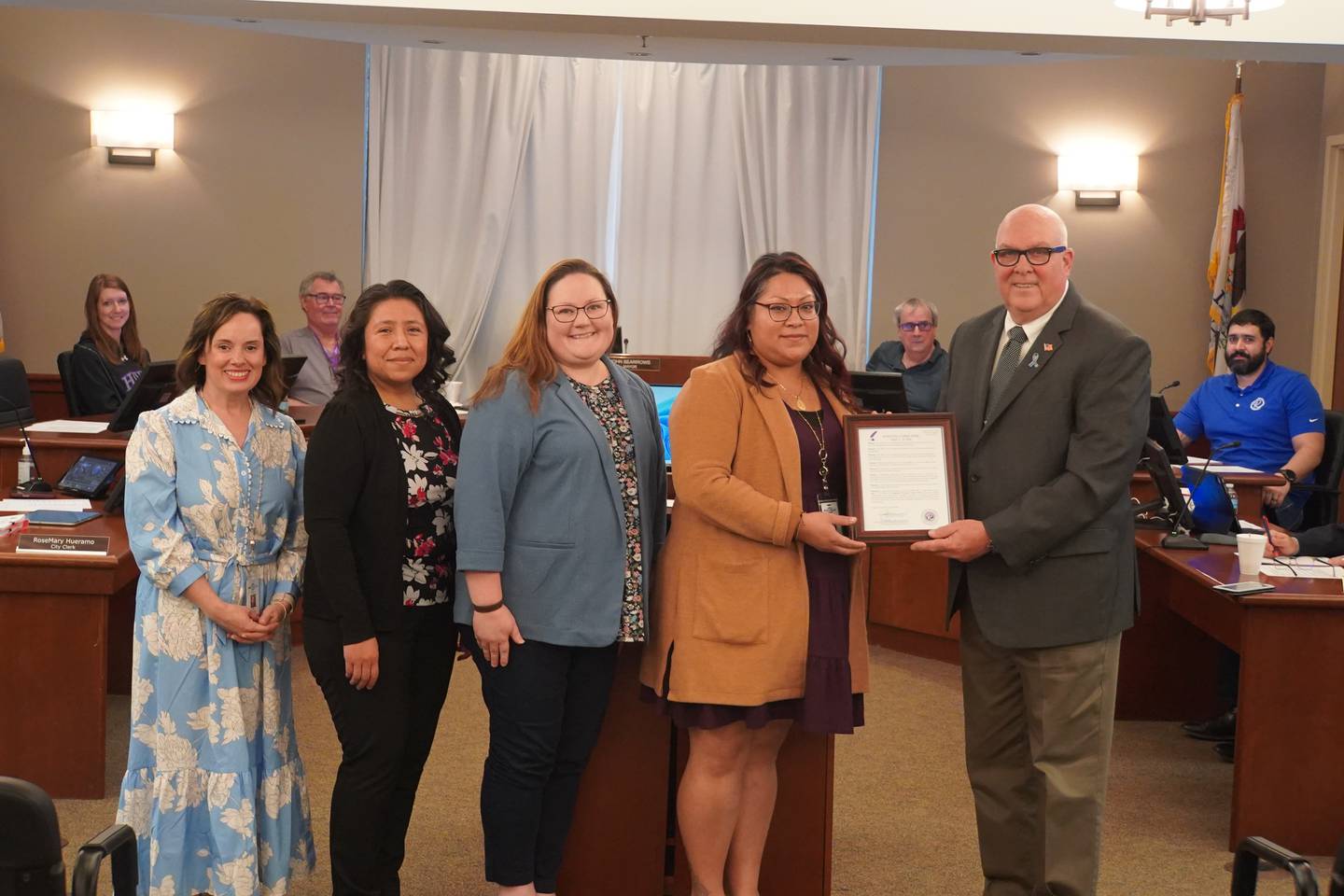 Rochelle Mayor John Bearrows (far right) presents a proclamation to Rochelle City Clerk Rose Hueramo and Deputy Clerks Brittany Olszewski, Rocio Belmonte and Jenny Thompson at the Monday, April 13 meeting of the Rochelle city council.