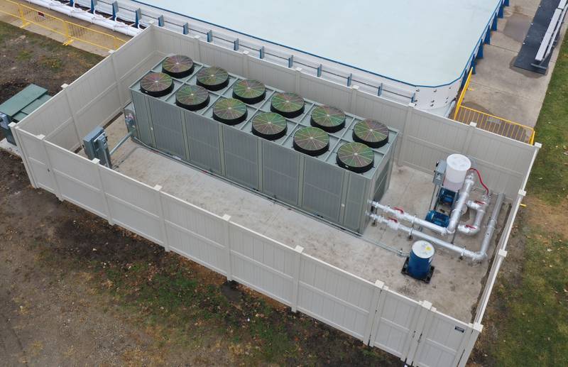 An aerial view of the new chiller system at The Schweickert Arena ice rink on Tuesday, Nov. 25, 2025 in Peru. In January, the Peru City Council approved a $1,070,499 contract with SKI Sealcoating & Maintenance to install new chiller unit for the ice rink. At the end of January, the city announced it was awarded a $600,000 Open Space Lands Acquisition and Development Grant, a program administered by the Illinois Department of Natural Resources, to make improvements around the Washington Park ice rink and make it available to the public despite weather conditions. The city will match the grants with a 50/50 contribution.