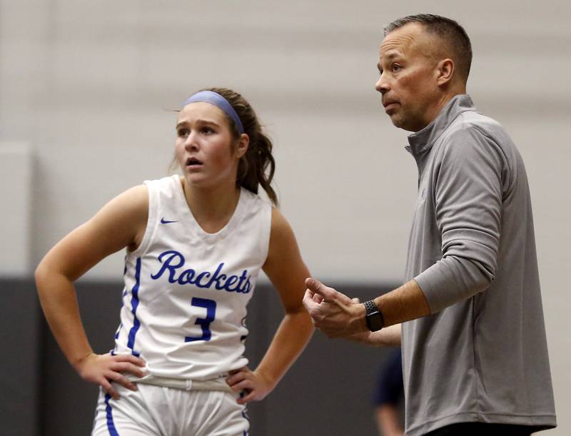 Head Coach Mike Carani talks with Savannah Scheuer in the final minute of their game against baseball game on Monday, Nov. 13, 2023, during pool play in the Burlington Central Mark Einwich Tournament.