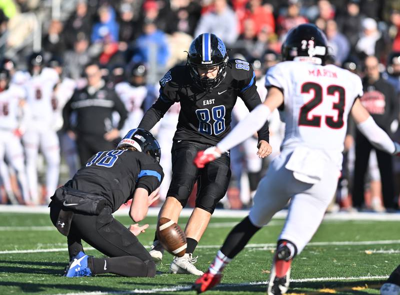 Lincoln-Way East's Robert Mensching attempts a field goal  during the IHSA class 8A semifinals playoff game against Barrington on Saturday, Nov. 18, 2023, at Frankfort. (Dean Reid for Shaw Local News Network)