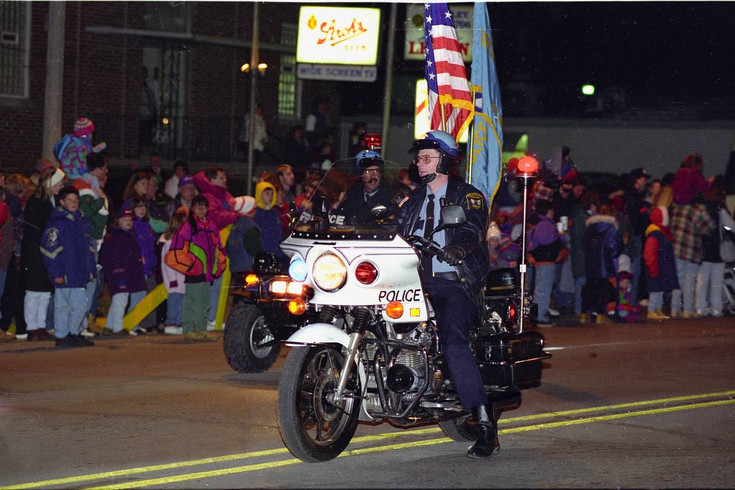 A Bradley Christmas Parade photo from mid 1990s shows former Bradley Police's Steve Coy and Josh Martin leading the way on motorcycles.