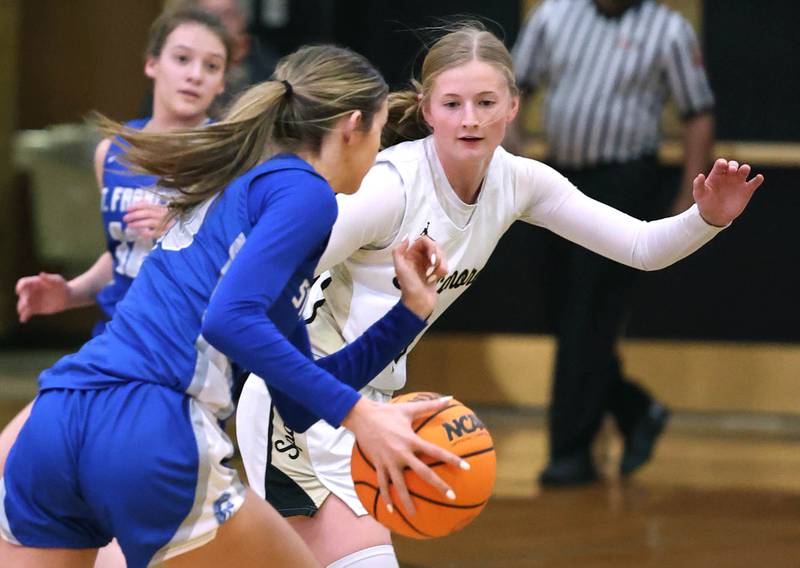 Sycamore's Lexi Carlsen defends St. Francis' Riley Austin during their game Thursday, Jan. 4, 2023, at Sycamore High School.