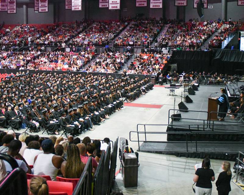 DeKalb District 428 Superintendent Minerva Garcia-Sanchez speaks to the graduating Class of 2023 seniors at Northern Illinois University's Convocation Center, 1525 W. Lincoln Highway in DeKalb Saturday, May 27, 2023.