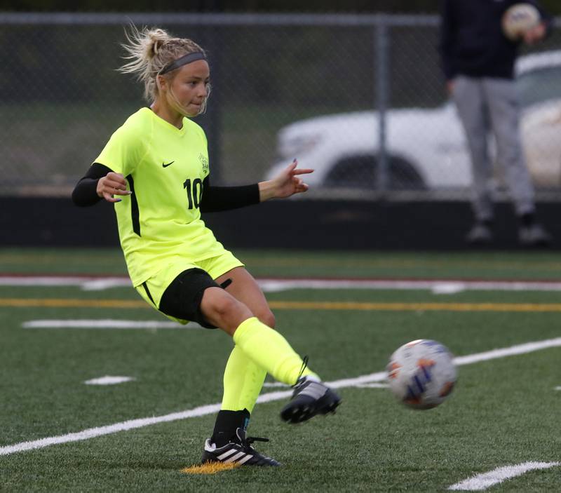 Richmond-Burton's Madelyn Seyller takes a penalty shot during the Kishwaukee River Conference Girls Soccer Tournament Championship Match against Harvard on Wednesday, May 7, 2025, at HRichmond-Burton High School in Richmond.