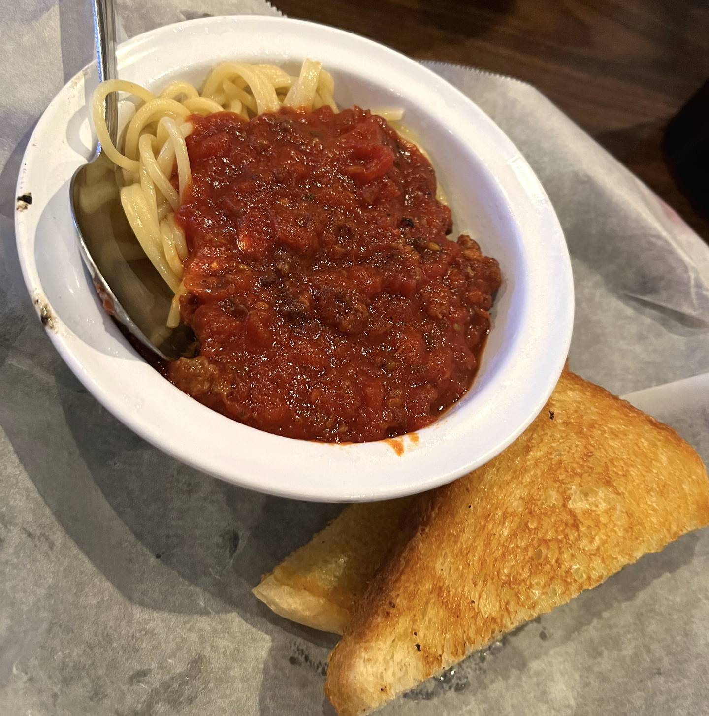 The spaghetti and garlic bread was one of many options on the kids menu.