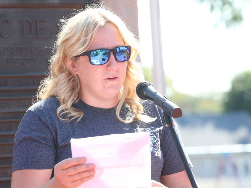 Sammi Sarosinski, Ladd Police officer, speaks during a 9/11 memorial ceremony on Thursday, Sept. 11, 2025 at the Veterans Park in Ladd.