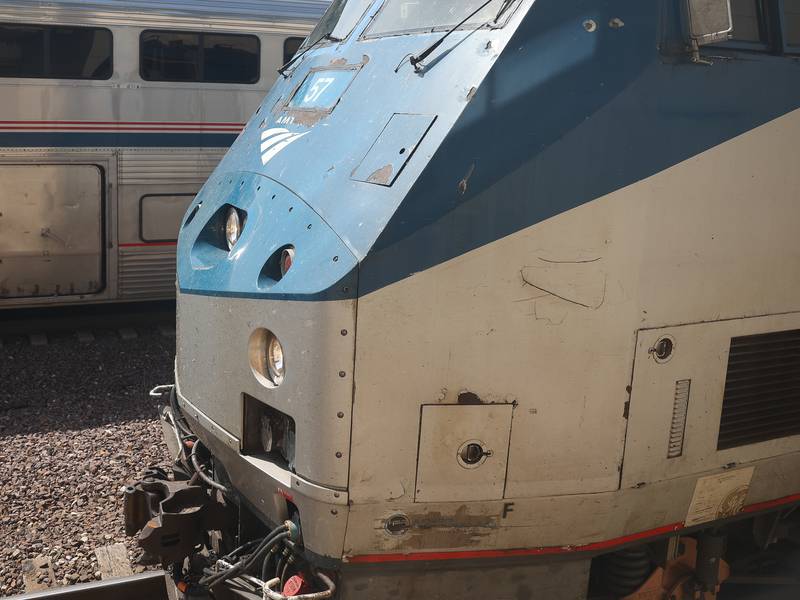 Several Amtrak trains sit in the station outside the train museum in the Old Union Depot Tower at the Joliet Gateway Center station on Thursday, May 11, 2023 in Joliet.