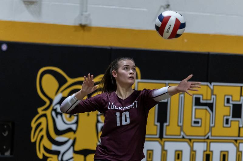 Lockport's Natalie Bochantin serves during a 4A Sectional Finals varsity volleyball game against Joliet West at Joliet West on Nov. 6, 2025.