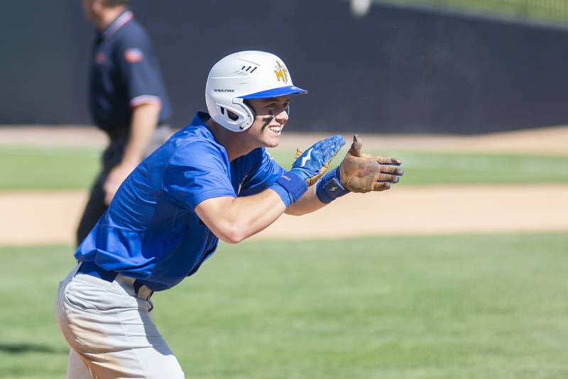 Maroa-Forsyth’s Jacob Blunck celebrates a triple against Richmond-Burton Friday, June 3, 2022 during the IHSA Class 2A baseball state semifinal.