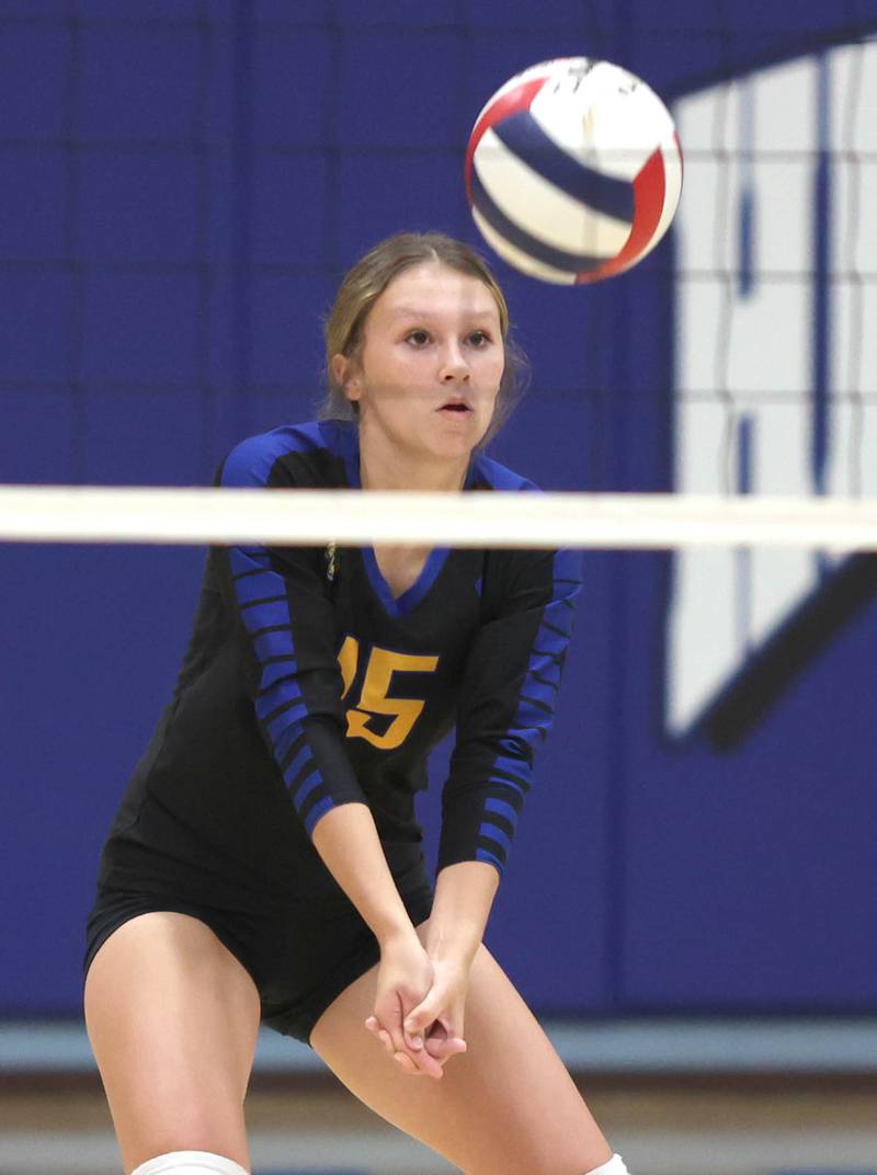 Somonauk's Josie Rader bumps the ball during their match Thursday, Sept. 15, 2022, at Hinckley-Big Rock High School.
