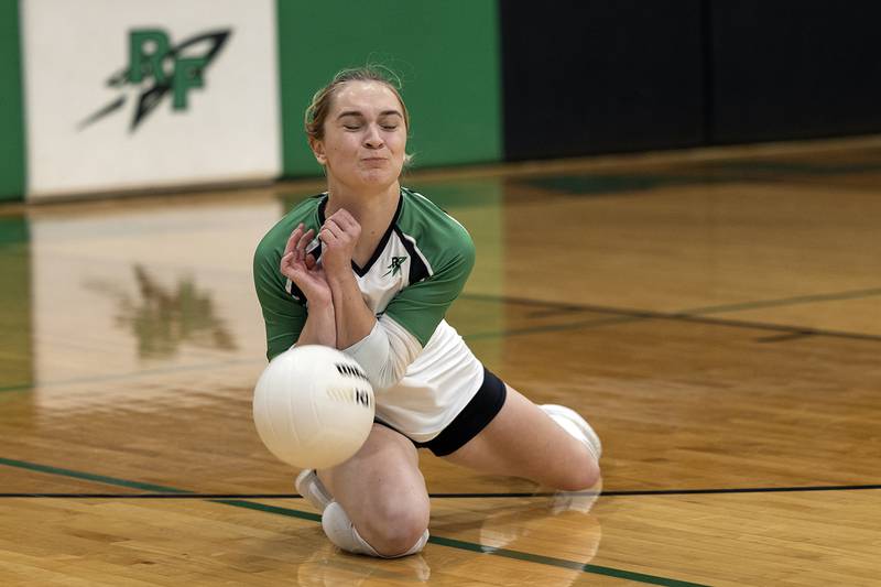 Rock Falls’ Carolyn Masini pulls up on an out of bounds ball against Lasalle-Peru Wednesday, Sept. 4, 2024, at Rock Falls High School.