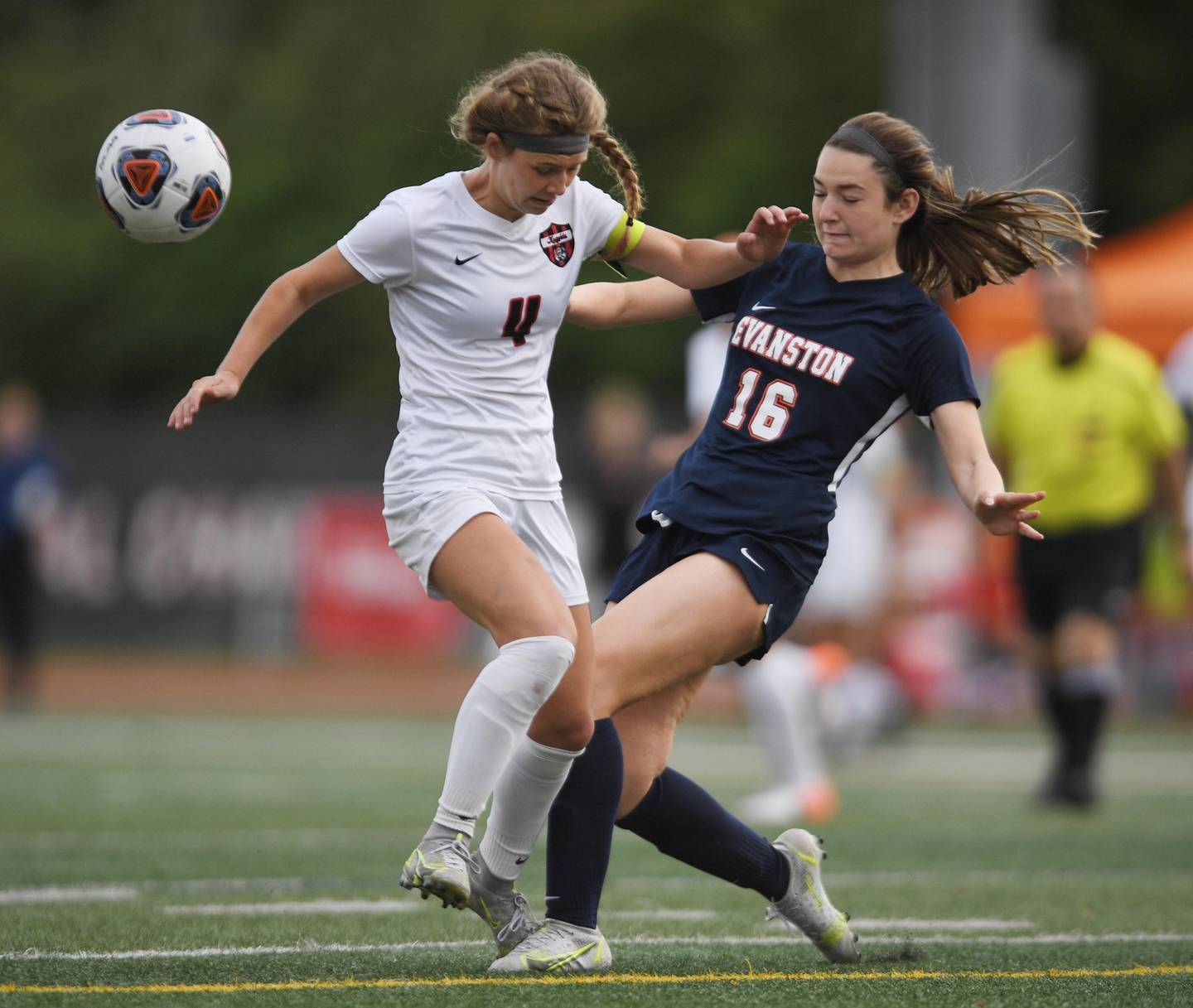 Lincoln-Way Central’s Christine Erdman and Evanston’s Carly Menocal compete in the Class 3A IHSA state girls soccer third-place game in Naperville on Saturday, June 4, 2022.