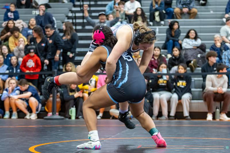Plainfield South’s Kimyra Patrick and Lockport’s Sophie Kelner compete in the 190 lb finals during the Minooka Girls Wrestling Thanksgiving Throwdown competition at Minooka High School on Nov. 26, 2026.