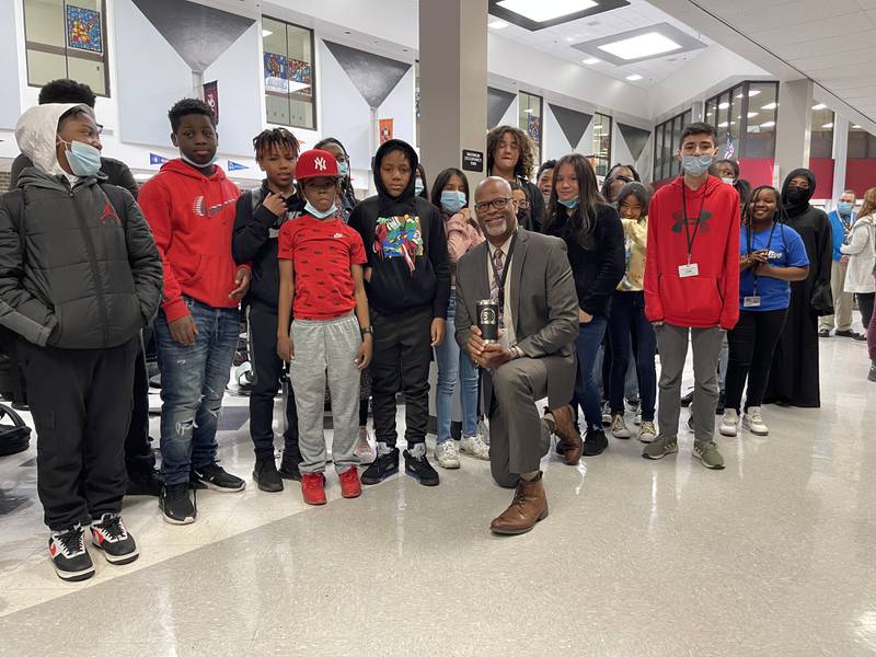 Keith Wood, principal of Brooks Middle School in Bolingbrook, was recently named the 2022 Illinois Middle School Principal of the Year. Wood has served as principal of Brooks Middle School since 2011. He is pictured with some of the school's students.