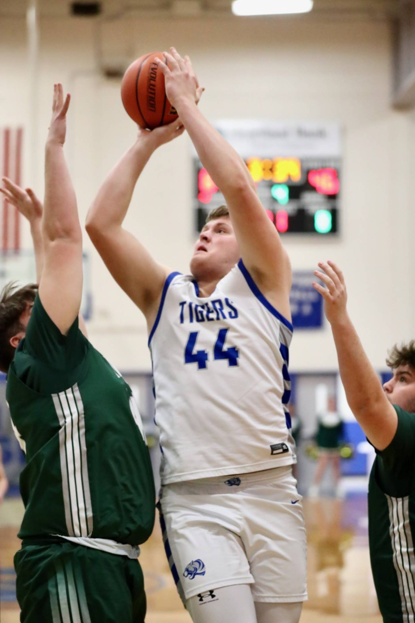 Princeton's Bennett Williams posts up against St. Bede Friday night at Prouty Gym.