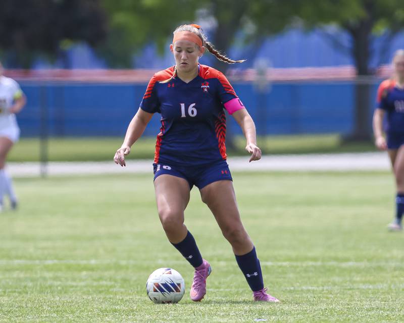 Oswego's Peyton Johnson (16) handles the ball during Class 3A regional final soccer match between Neuqua Valley at Oswego on Saturday, May 23, 2026 in Oswego.