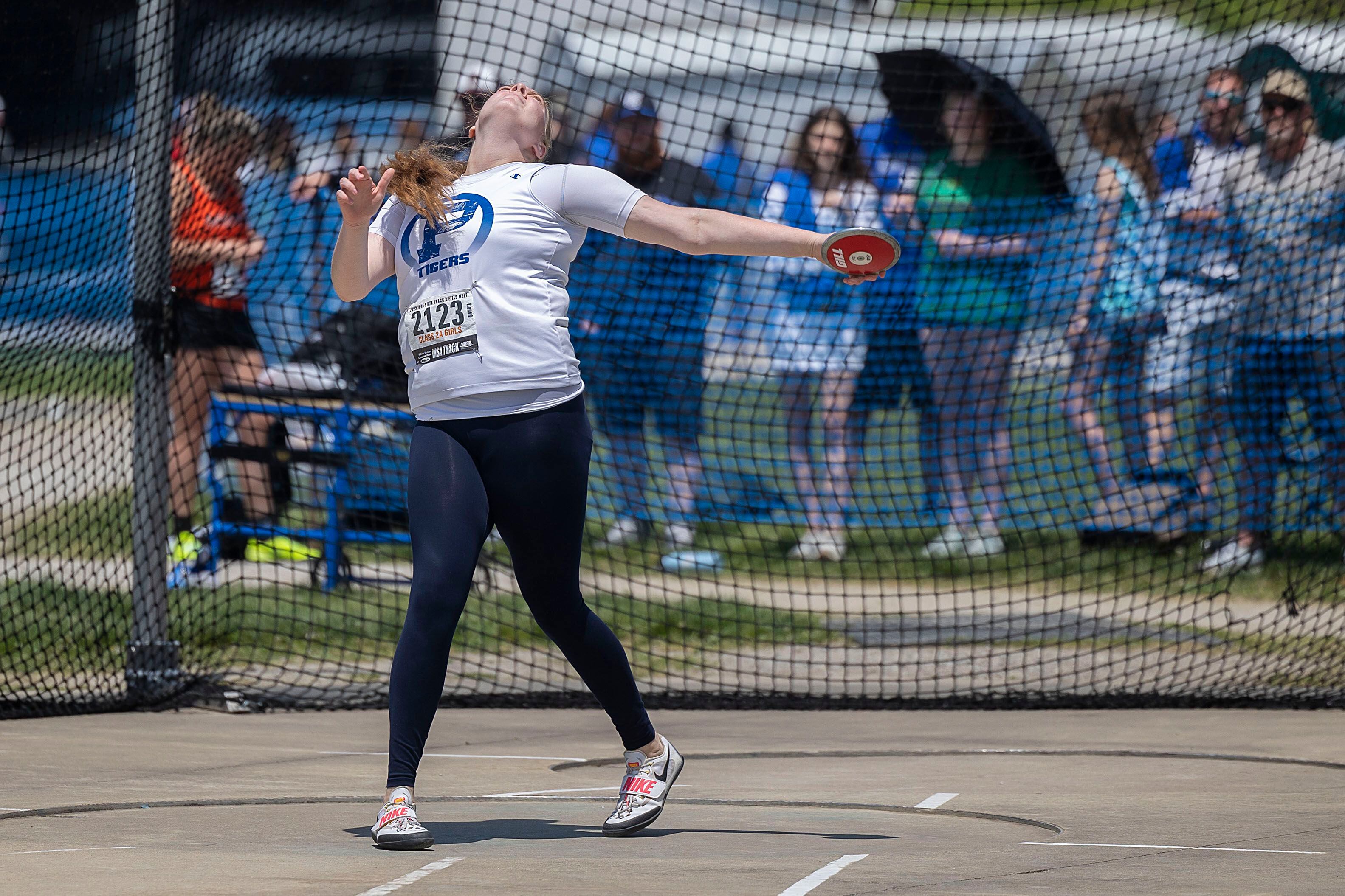 Princeton’s Morgan Foes throws the discus in the 2A event Saturday, May 20, 2023 during the IHSA state track and field finals at Eastern Illinois University in Charleston.