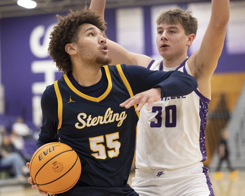 Sterling’s AJ Coleman works against Rochelle’s Warren Schweitzer Saturday, Jan. 3, 2026.