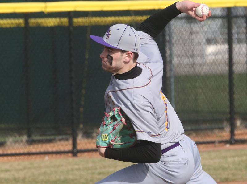 Mendota's Braiden Freeman lets go of a pitch to L-P on Thursday, April 3, 2025 at Huby Sarver Field inside the L-P Athletic Complex in La Salle.