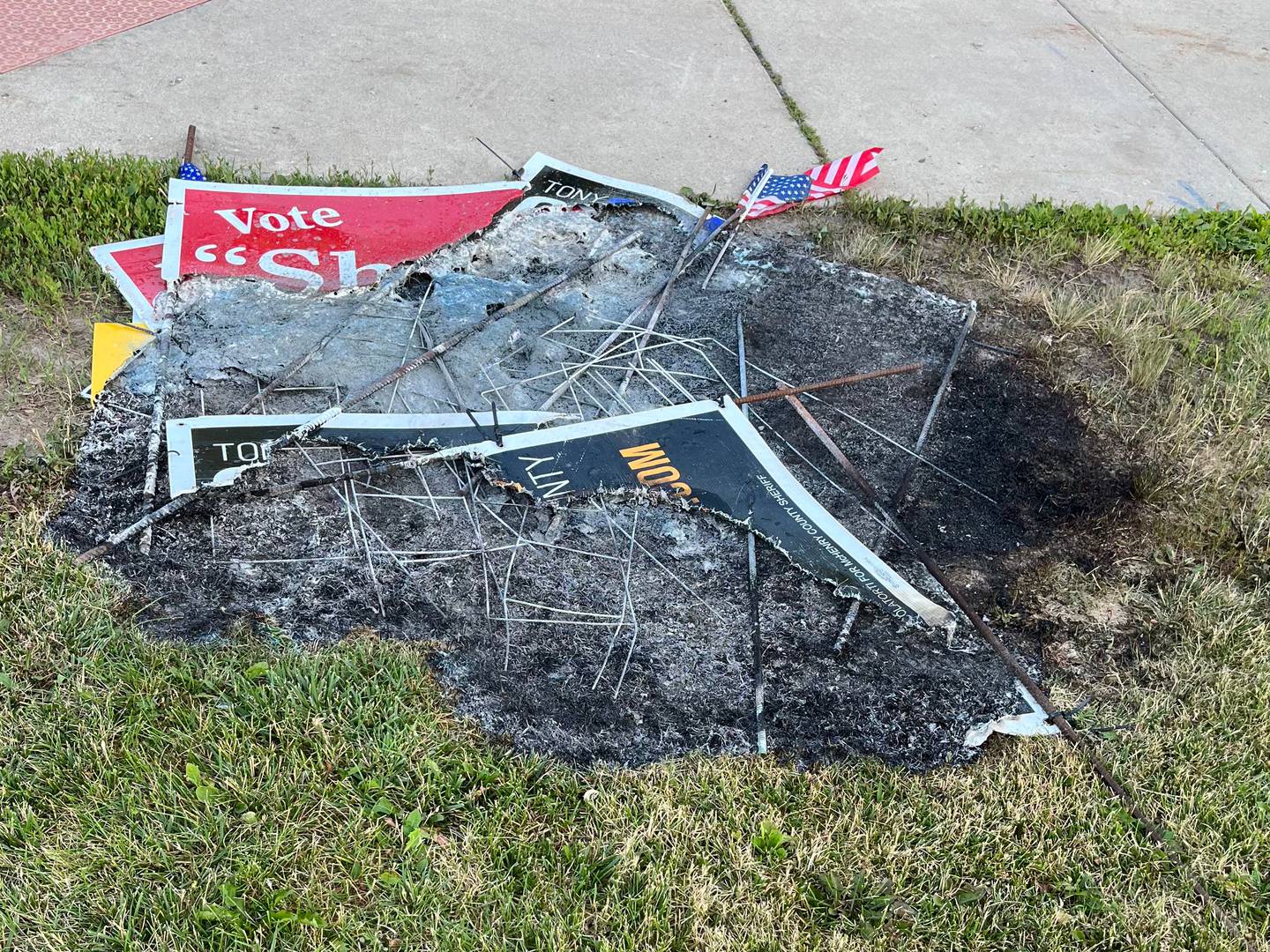 Campaign sign posted at the Salvation Army Crystal Lake Corps Community Center at 290 W. Crystal Lake Ave. and at Veteran’s Acres Park at 431 N. Walkup Ave. were burned Tuesday, June 28, 2022, according to the Crystal Lake Police Department.