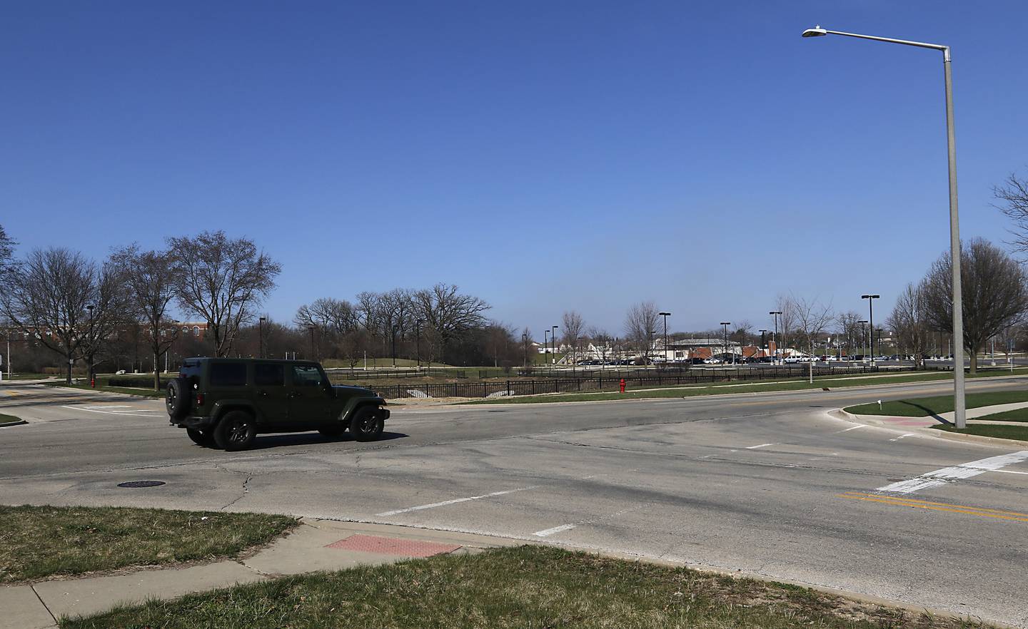 The intersection of Congress Parkway and Exchange Drive in Crystal Lake on Monday, April 10, 2023. This intersection and the intersection of Federal Drive and Congress Parkway are on track to be changed into roundabouts this summer construction season.