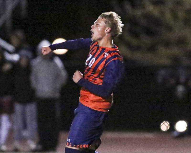 Oswego's Ryan Maveus (20) reacts after his penalty kick gets through during Class 3A Naperville Central Regional semifinal soccer match between Plainfield North at Oswego, Tuesday Oct 21, 2025.