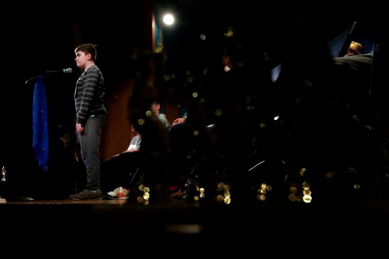 Teddy Johnson of Ulysses S Grant Intermediate School spells a word as he competes in the McHenry County Regional Office of Education 2024 Spelling Bee Wednesday, March 20, 2024, at McHenry County College's Luecht Auditorium in Crystal Lake.