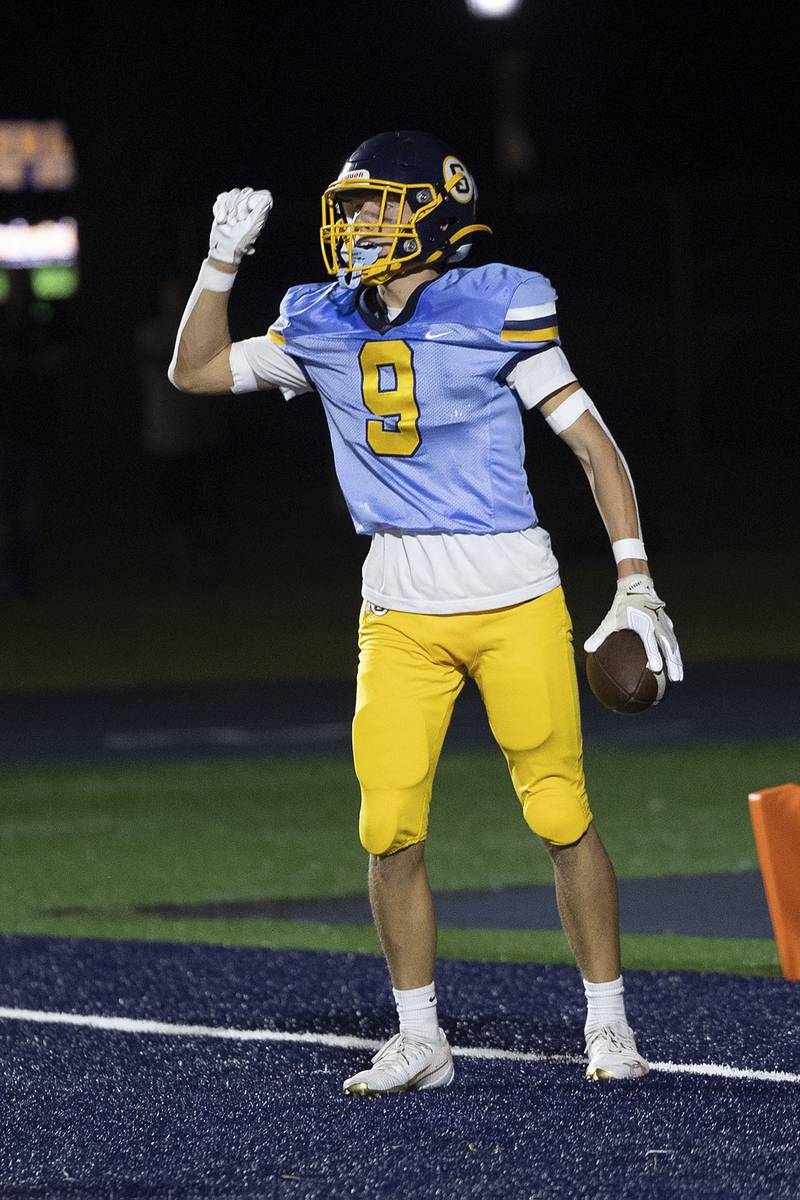 Sterling’s Koby Bell celebrates a Warrior’s touchdown against Moline Friday, Sept. 12, 2025.
