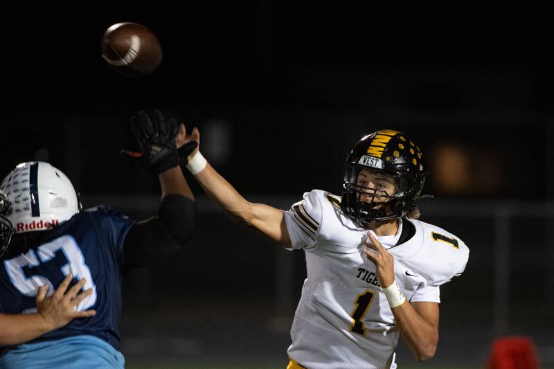 Joliet West's Antoine Brooks throws a pass during a game against Plainfield South Friday Oct. 4, 2024, at Plainfield South High School.
