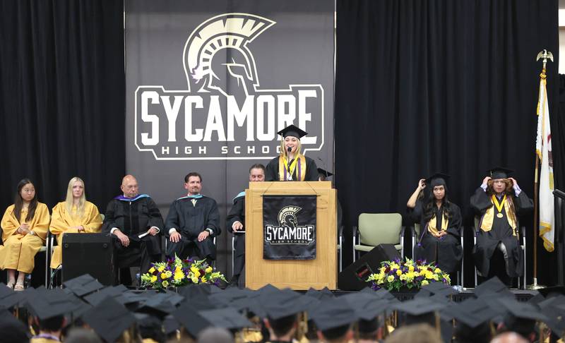 Valedictorian Amanda Jamrog addresses her fellow classmates during commencement ceremonies Sunday, May 28, 2023, at Sycamore High School.