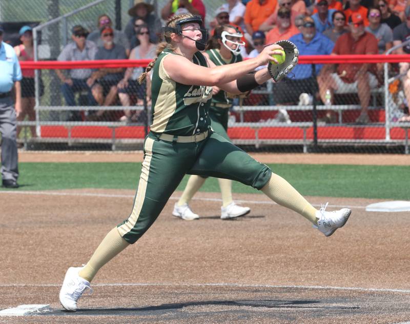 St. Bede's Reagan Stoudt lets go of a pitch against Illini Bluffs in the Class 1A State championship game on Saturday, June 3, 2023 at the Louisville Slugger Sports Complex in Peoria.