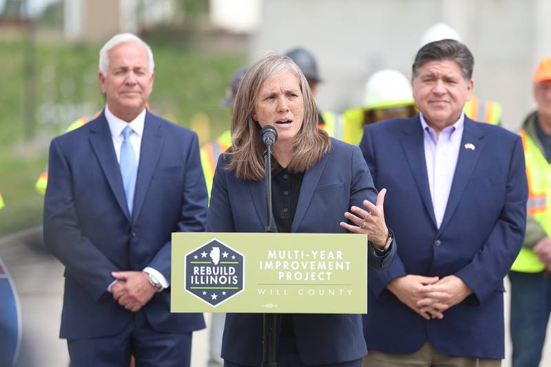 IDOT Secretary of Transportation Gia Biagi speaks at the construction kickoff for the new Interstate 80 Des Plaines River bridges on Friday, May 20, 2026 in Joliet.
