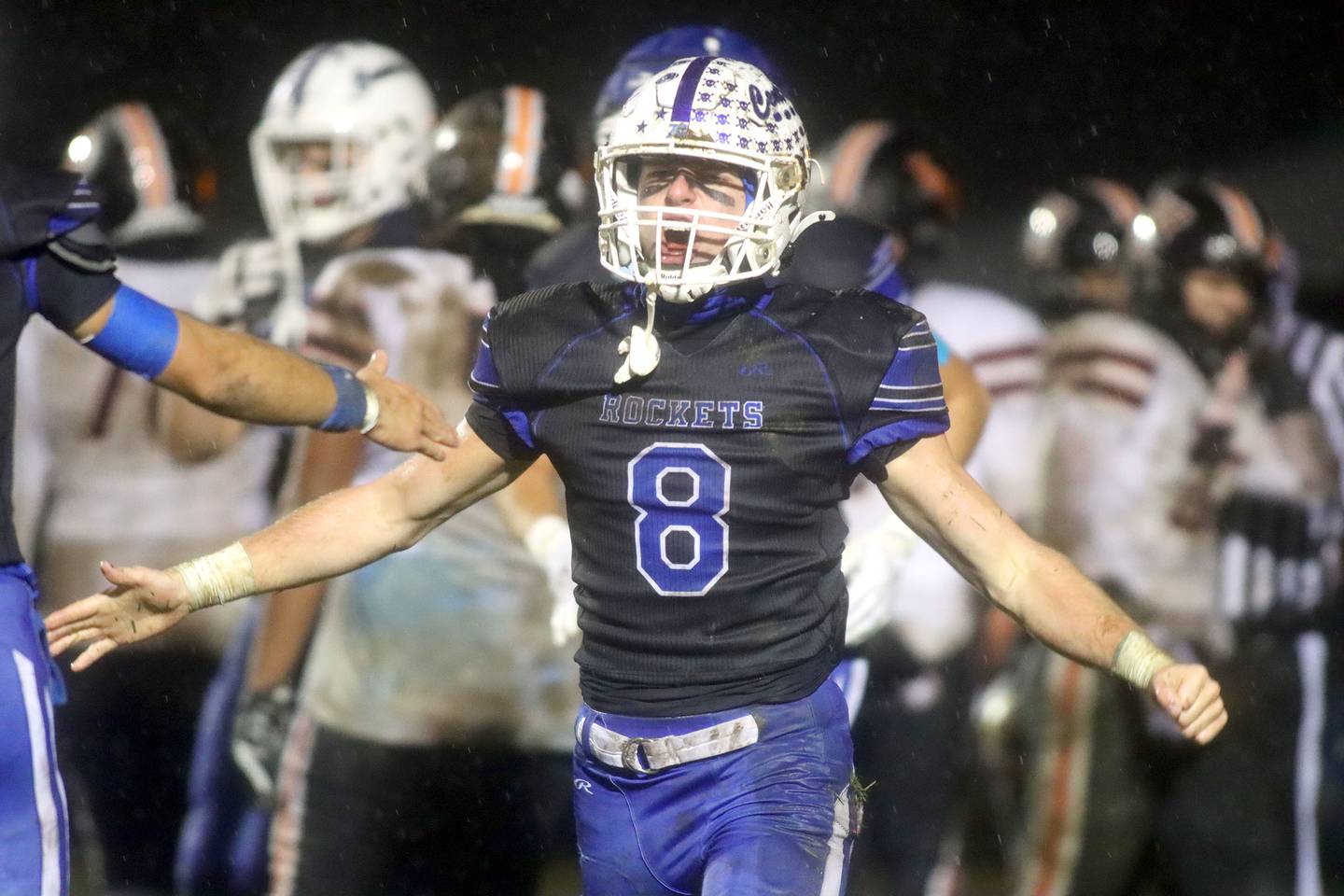 Burlington Central’s Tyler McGladdery reacts after scoring his second of two touchdowns against Harlem in IHSA football Class 6A second-round playoff action at Central High School in Burlington on Saturday, November 8, 2025.